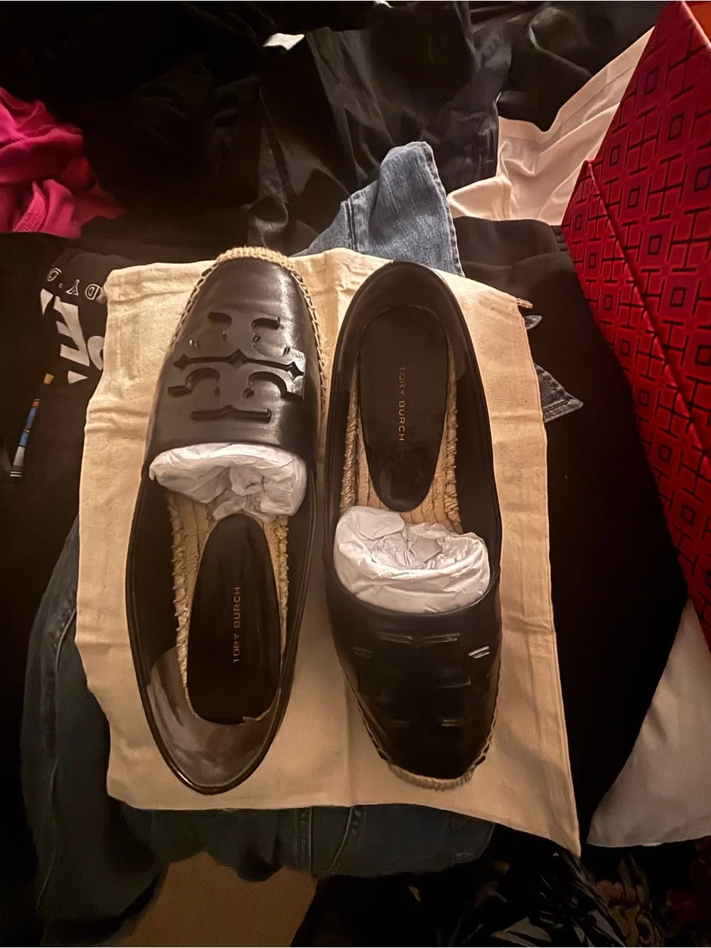 Tory Burch Black Leather Espadrille with Gold Logo